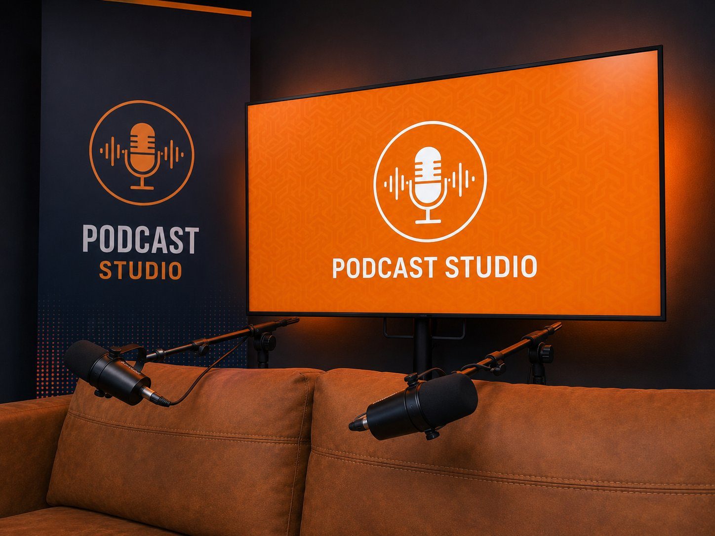 Pantalla con logo Podcast Studio y micrófonos en primer plano