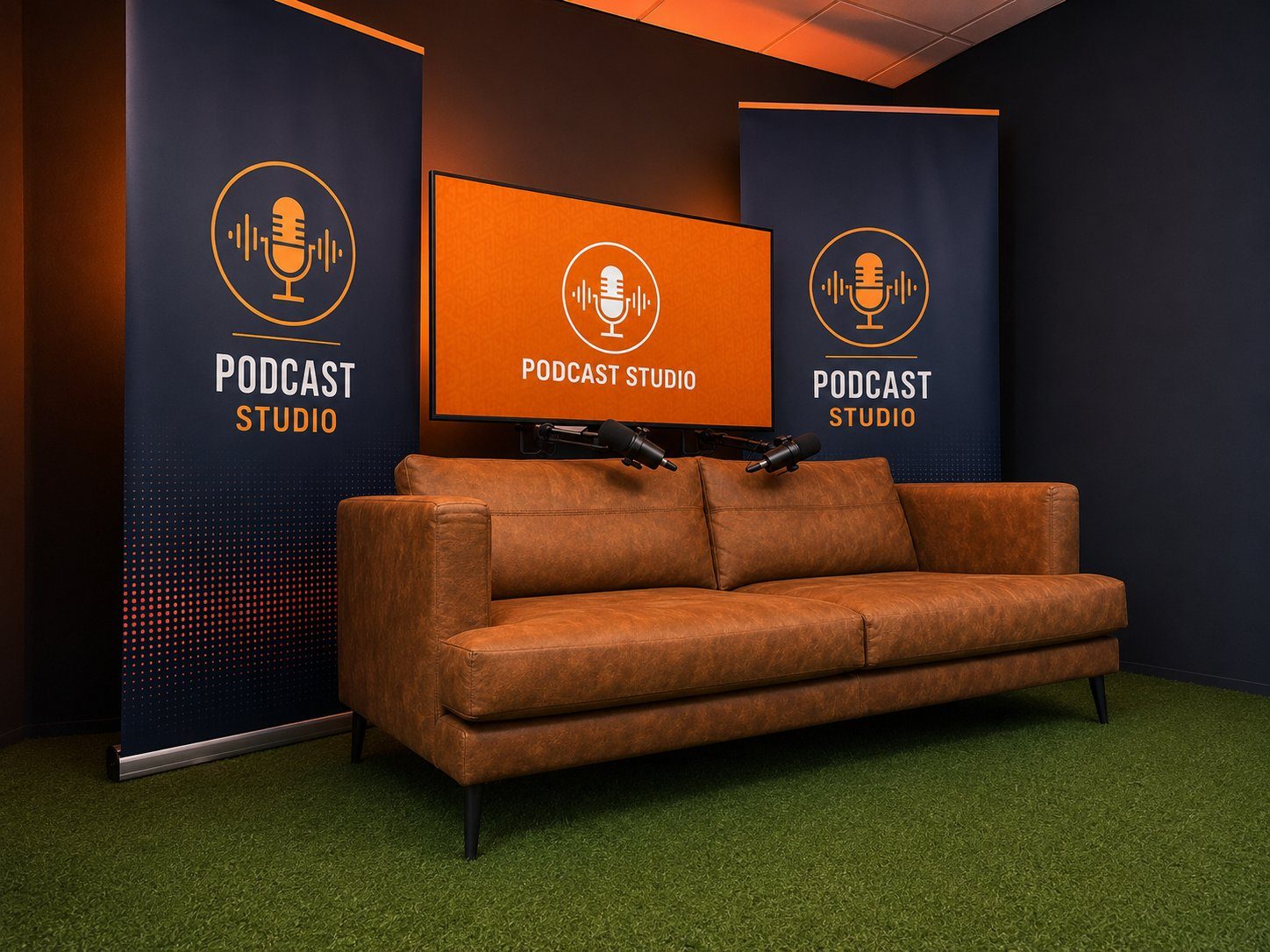 Estudio de podcast en Sant Joan Despí: sofá de piel, pantalla con logo Podcast Studio y micrófonos profesionales